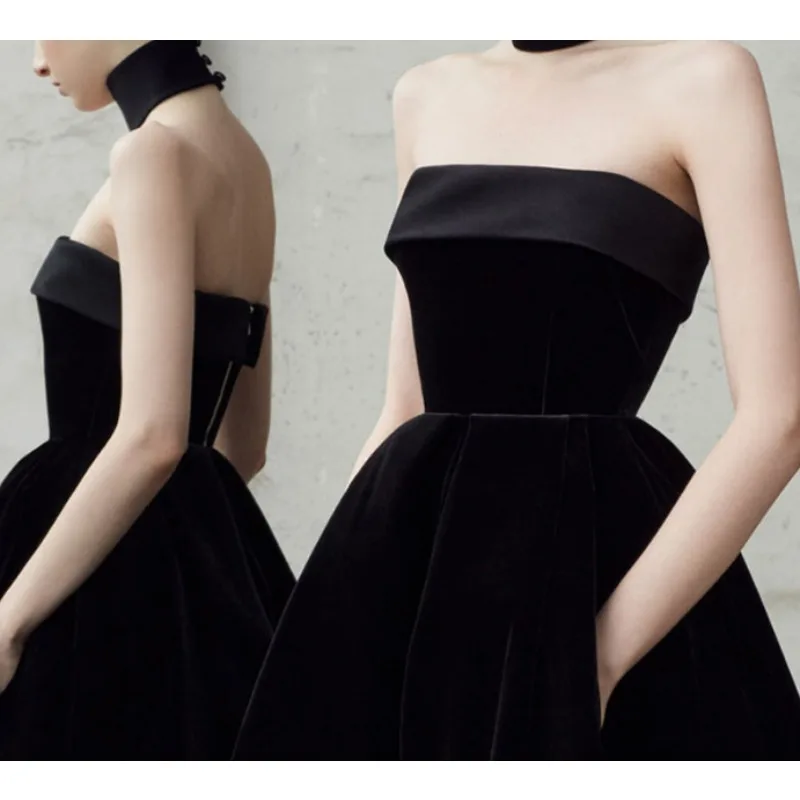 Простое черное корейское вечернее платье без бретелек с тюлем на одно плечо, эластичное атласное вечернее платье, свадебное платье