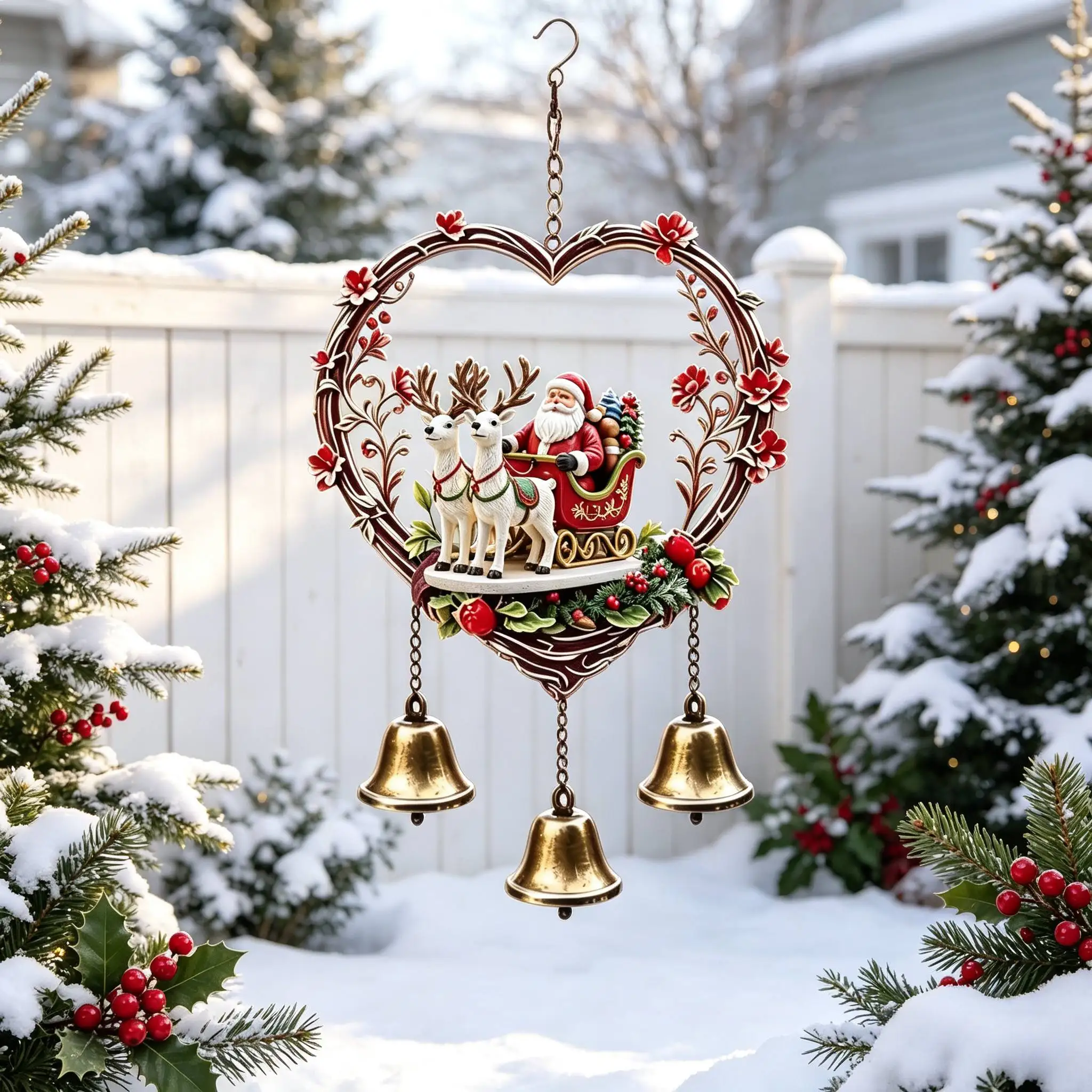 An Acrylic Red Floral Carved Heart-shaped Santa Claus Reindeer with Three Copper Bells Metal Wind Chime. Room Decor Aesthetic
