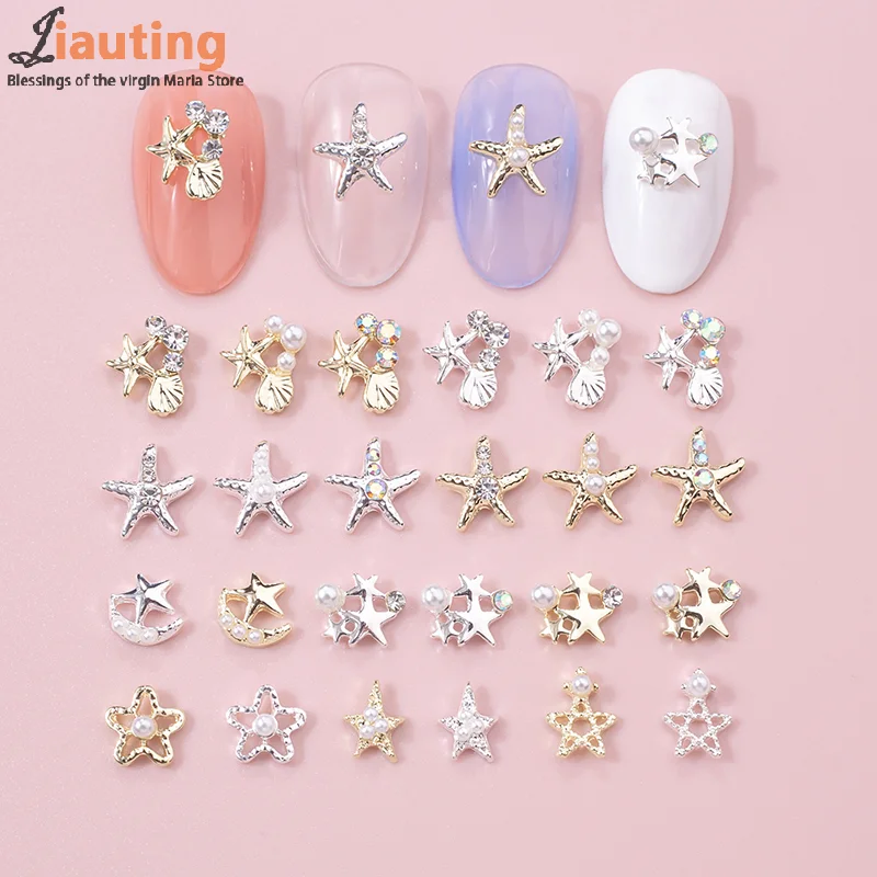 10Pcs Hollow Star Nail Art Charms 3D Alloy Five-Pointed-Star Silver Crystal Diamond Nail Decoration Luxury Manicure Accessories