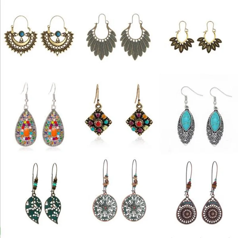 

9 Pairs of Bohemian Women's Earrings Retro Ethnic Sunflower Pendant Earrings Christmas Earrings