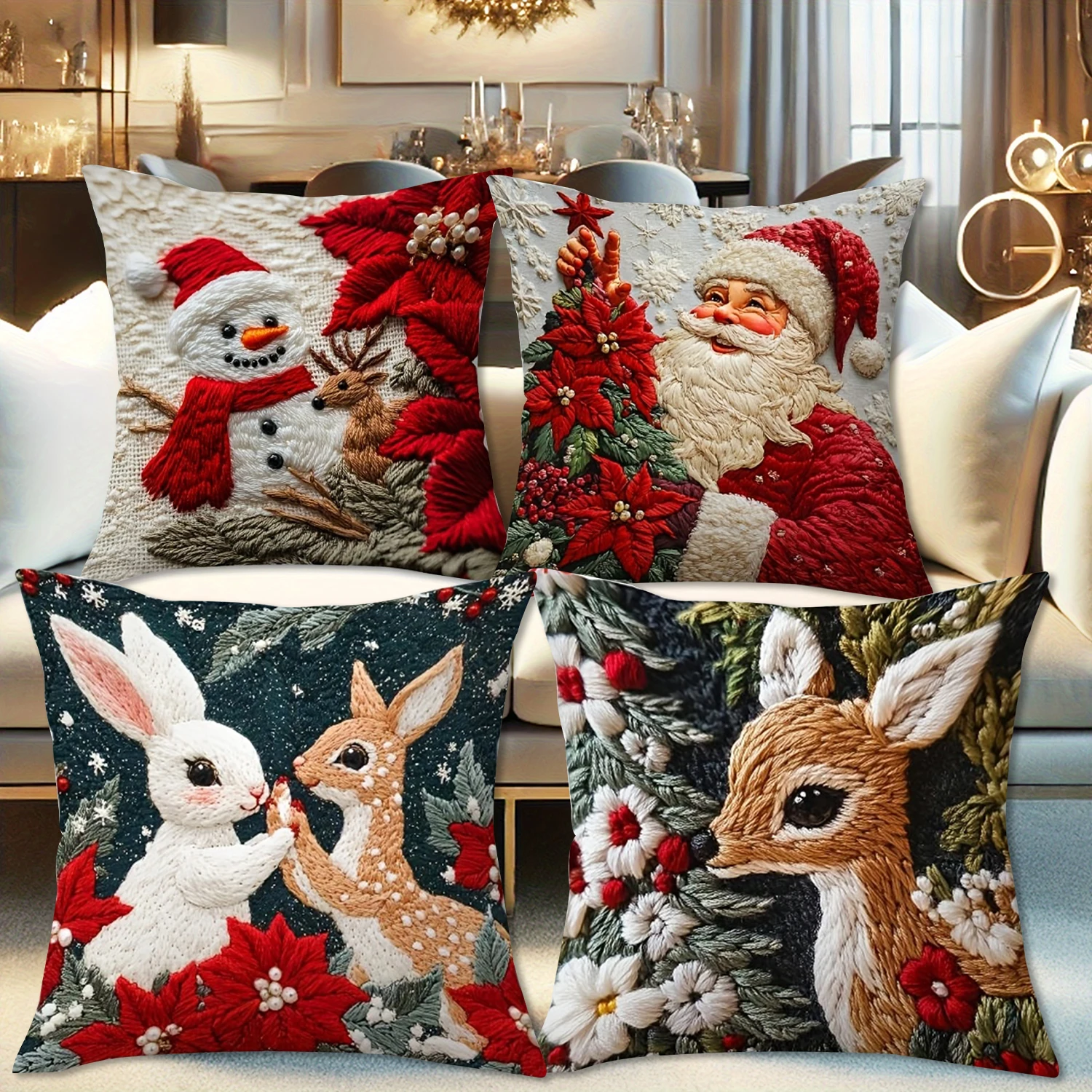 

4PC Christmas Pillow Covers 2D Flat Print Soft Polyester Santa Snowman Deer Rabbit Poinsettia Designs with Zipper for Home Decor