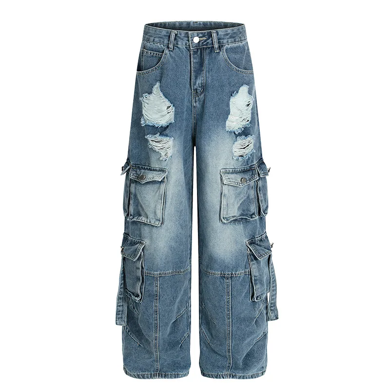 

DAVIDSHAO европейские и американские размеры, роскошные джинсы-карго высшего качества в стиле ретро, потертые тяжелые джинсы-карго с несколькими карманами для мужчин и женщин