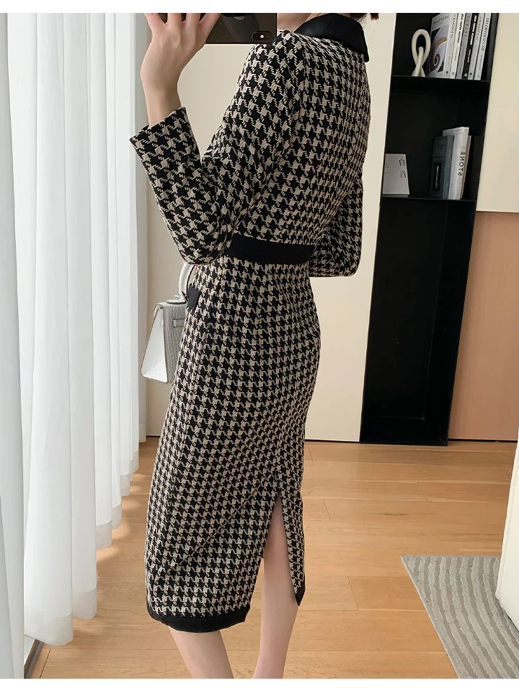 Vintage Houndstooth Knitted Dress Slim Long Sleeve Women Vestidos Spring Elegant Casual Kleid Korean Fashion Maxi Dresses New