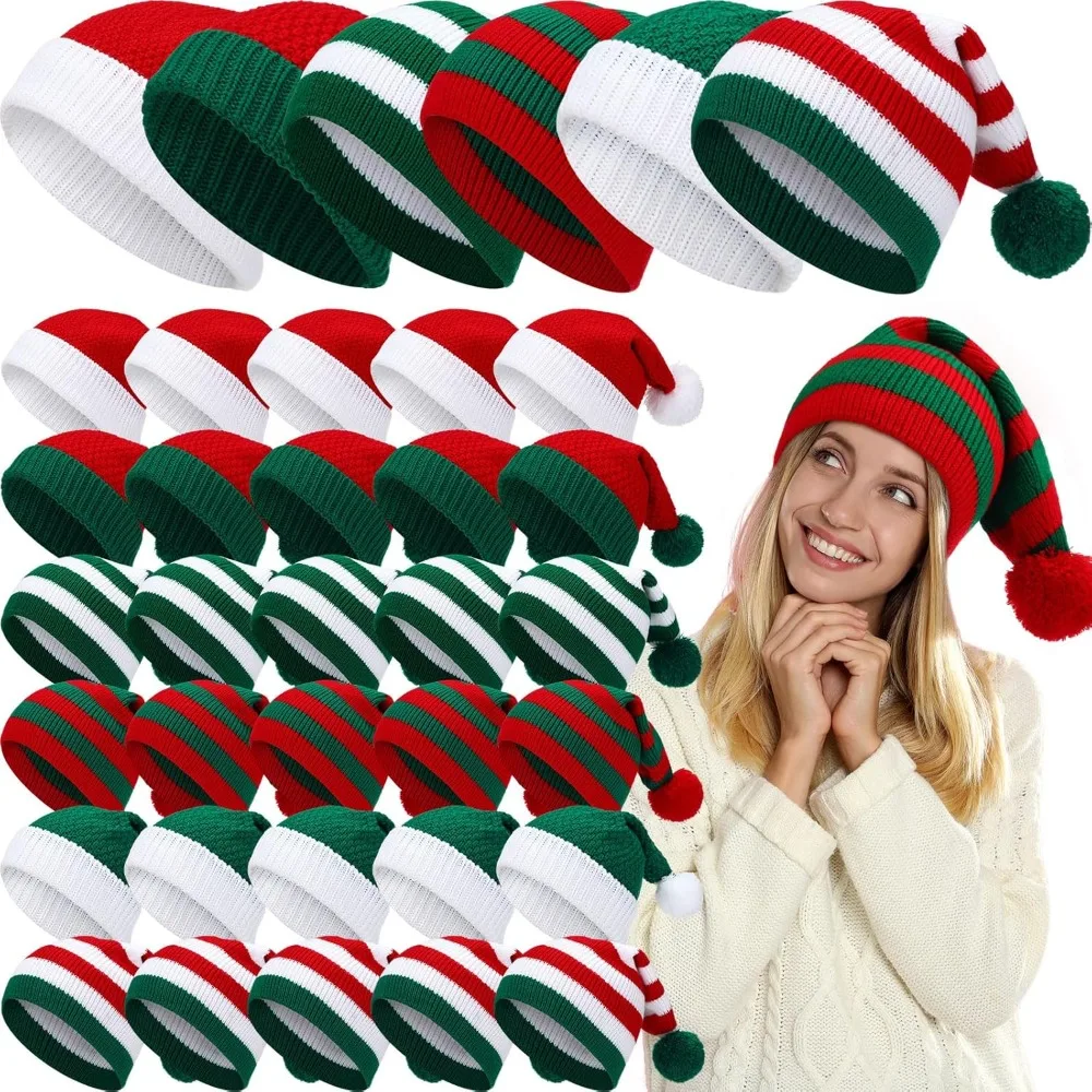 

36 Pcs Christmas Knitted Santa Hats for Adults Kids Crochet Christmas Hats Bulk Winter Christmas Beanie Hats