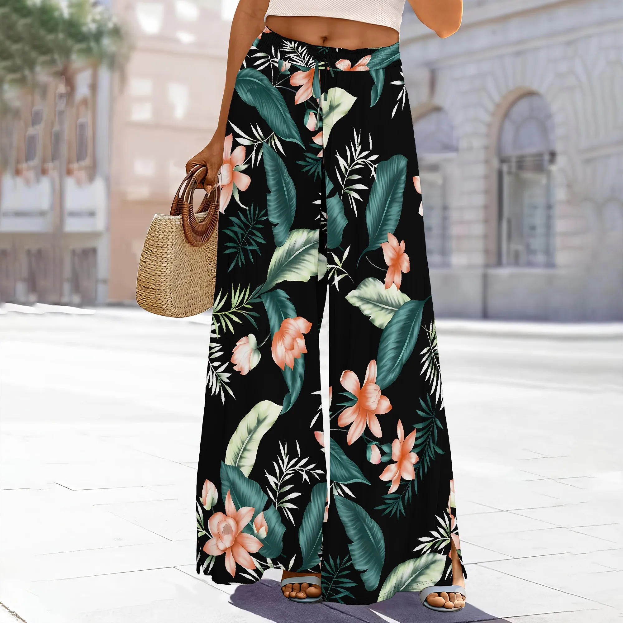 

Women's High-Waisted Teal Floral Print Wide-Leg Pants Elastic Waist Pockets Slit Polyester Spring Bold