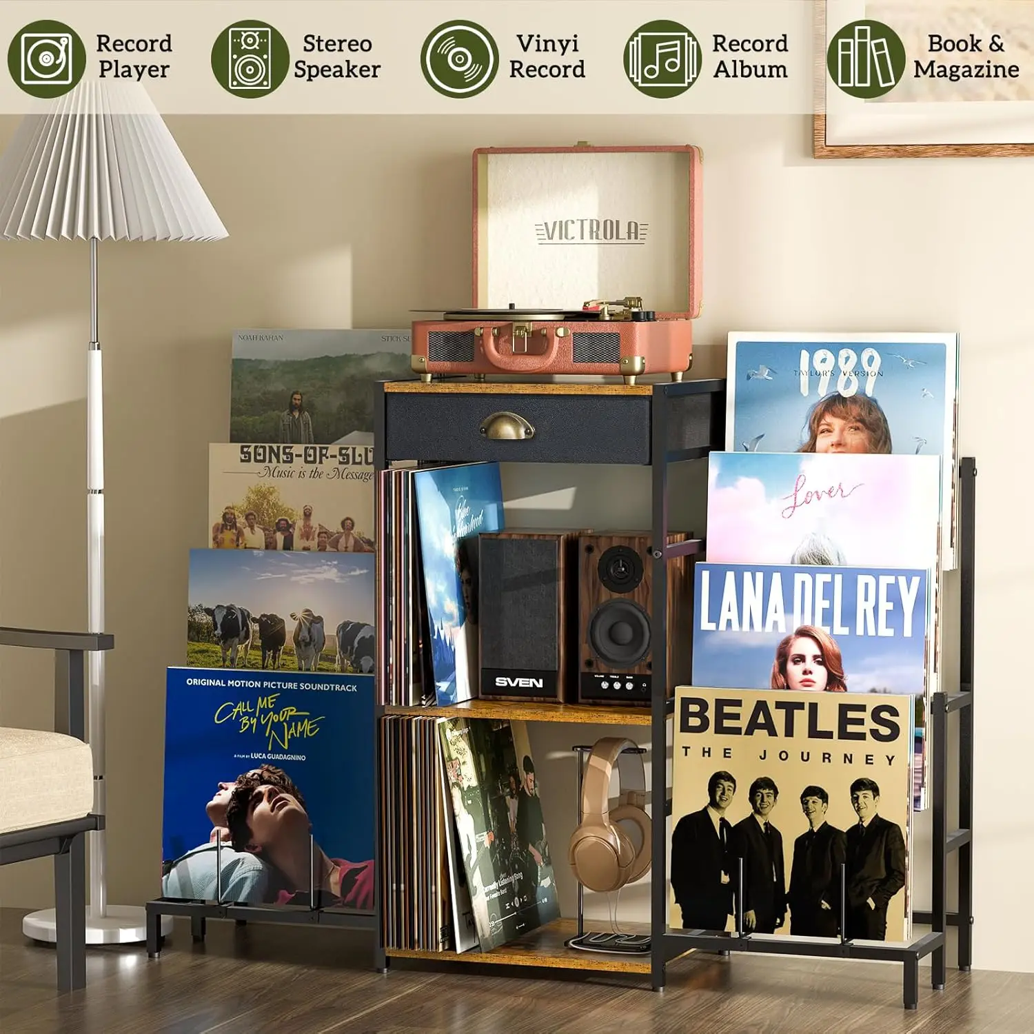 

Record Player Stand with Vinyl Storage, Record Player Table with 8-Tier Display Shelf Up to 200 Albums, Vinyl Record Stand·Hot