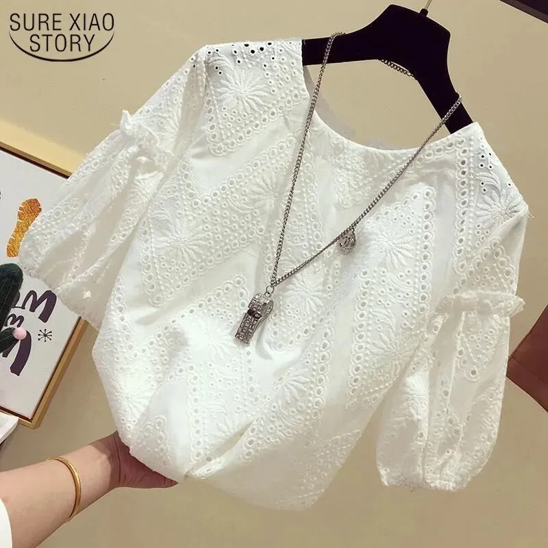 Summer Shirts Hook Flower Short Sleeve Lace Shirt White Lace Top Women Korean Fashion New Small Blouse Women White Blouse 13439