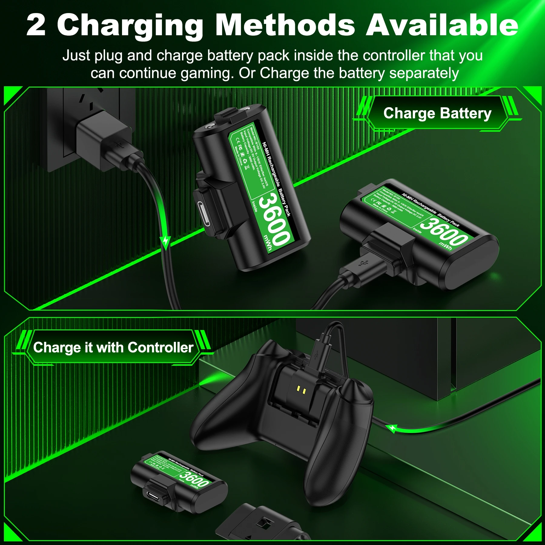 BEBONCOOL B100 2*3600mWh Rechargeable Battery Packs for Xbox Series X/S ＆ Xbox One Xbox One with Charging Cable ＆ Battery Cover