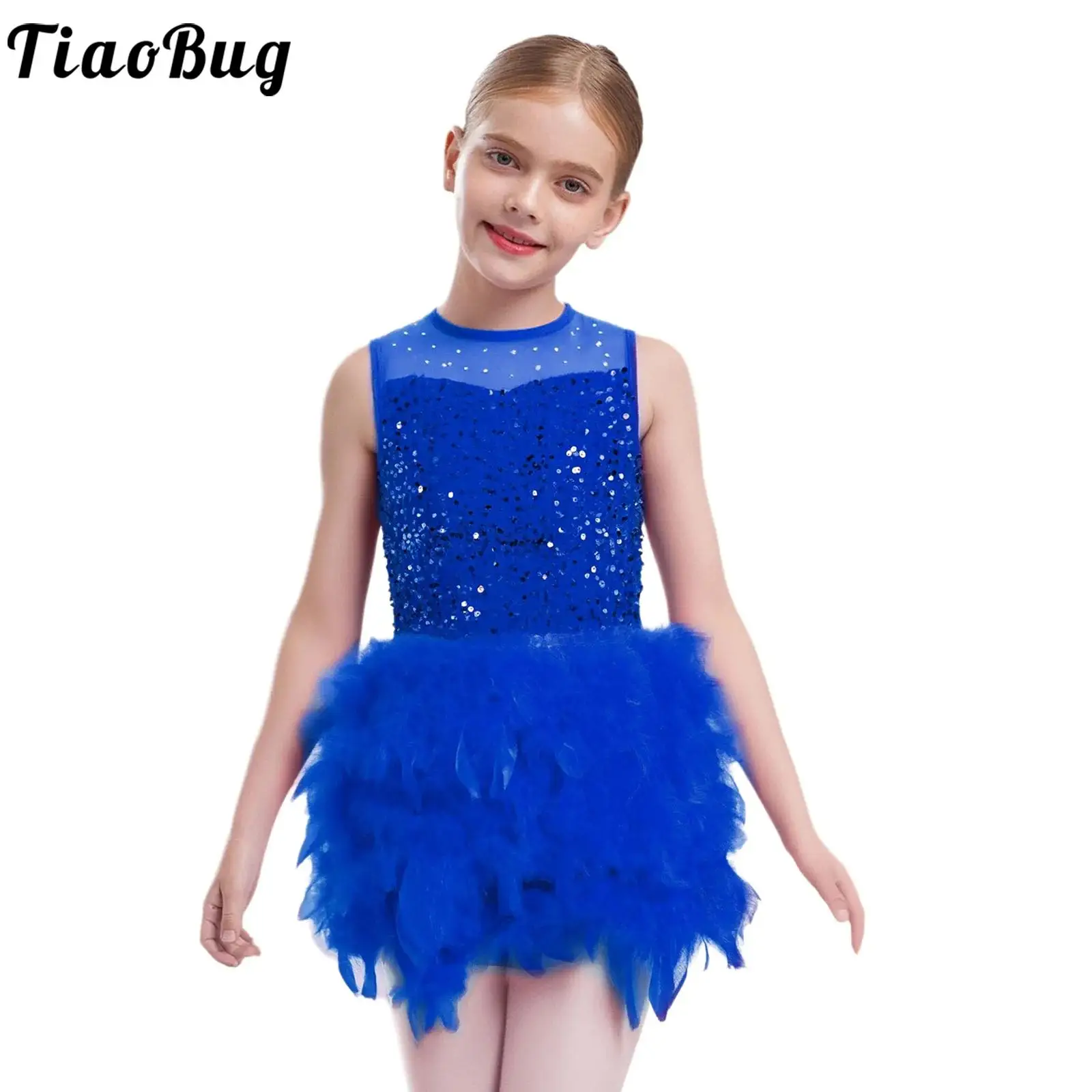 

Kids Girls Ballerina Fairy Prom Party Costume Jazz Figure Skating Dancewear Sequin Feather Tutu Dress Dance Gymnastic Leotards