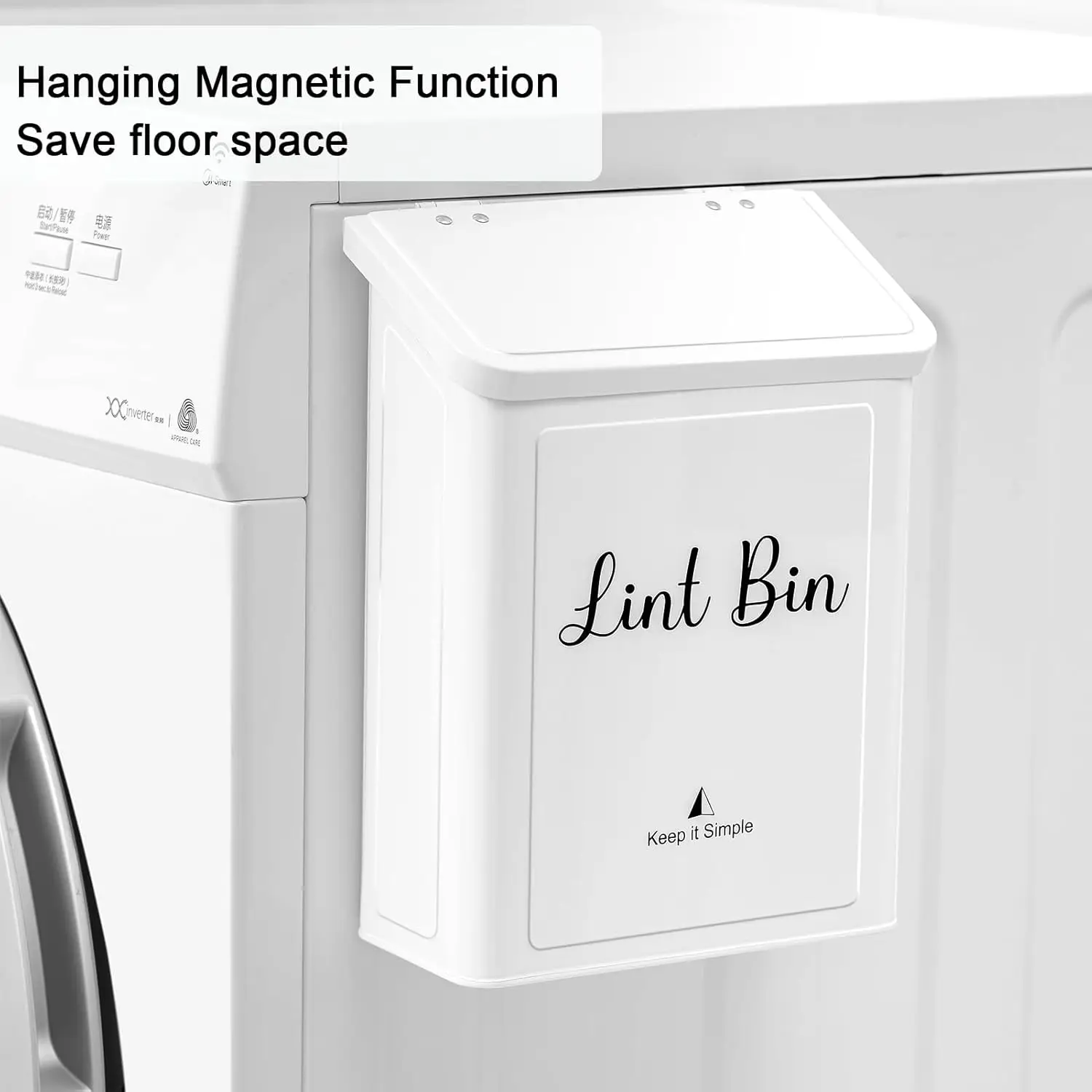 Magnetic Lint Bin for Laundry Room, Wall Mounted Metal Trash Can with Lid for Dryer, Lint Basket for Organization, White - view 3