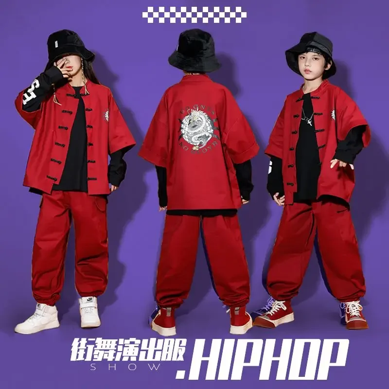 

Kid Chinese Tradition Wine Red Red Kung Fu Tang Suit Shirt Casual Jogger Pants for Girl Boy Hip Hop Jazz Dance Costume Clothes