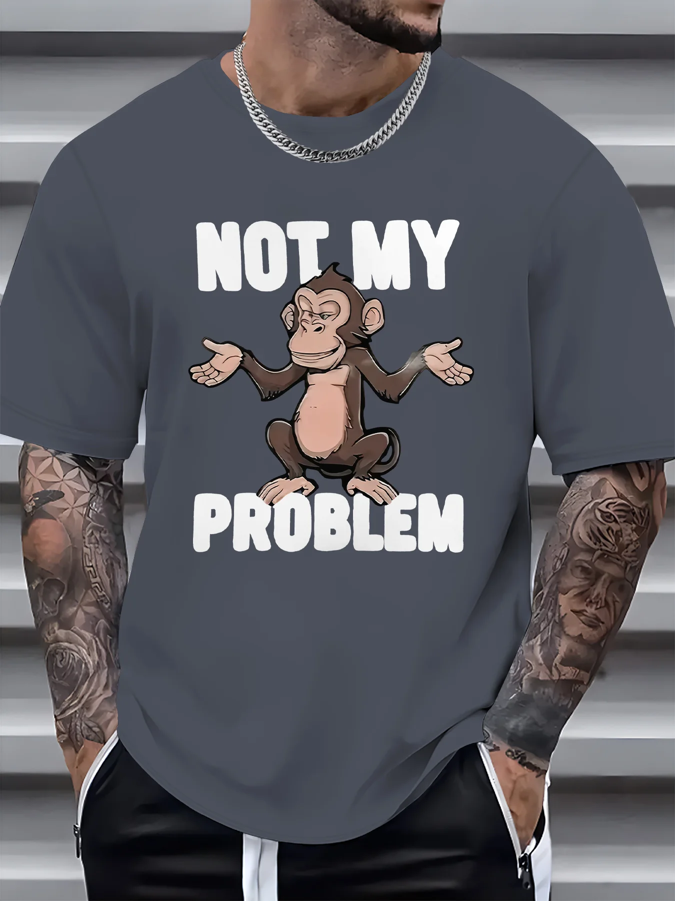Men's Summer 100% Cotton Fashion Casual Not My Problem Monkey Printed Loose Round Neck Short Sleeve T-shirt Top