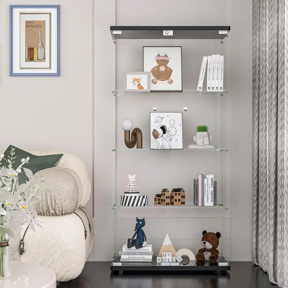 Double Door Lockable Glass Curio Cabinet, 4-Tier, 65H x 32L x 14W, Black for Living Room/Bedroom