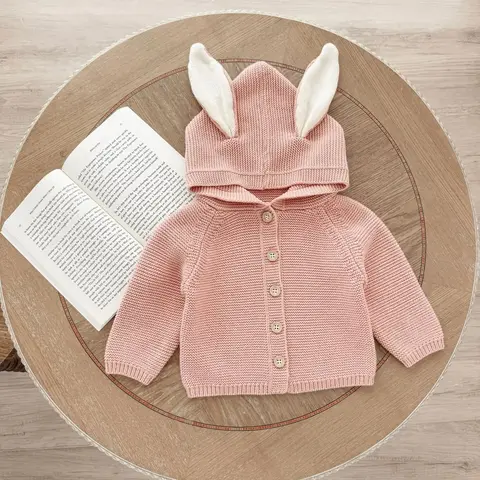 2026 Spring Infant Baby Girls Bunny Ear Sweatshirt Hoodies Cotton Knit Sweater Toddler Girls Easter Pullover Coat Knitwear