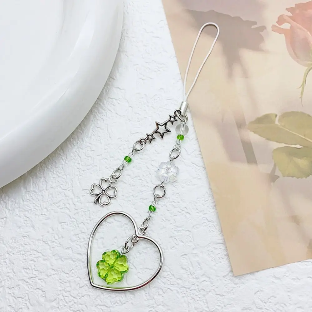 Summer Lucky Grass Phone Charms Green Refreshing Four-leaf Clover Beaded Keychain Clover Five-pointed Star Women