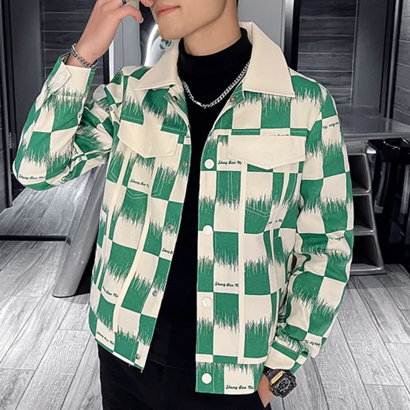 

Spring Version Lapel Lattice Splicing Jacket Mens Motorcycle Jacket Korean Slim Green British Trend Casual Jacket