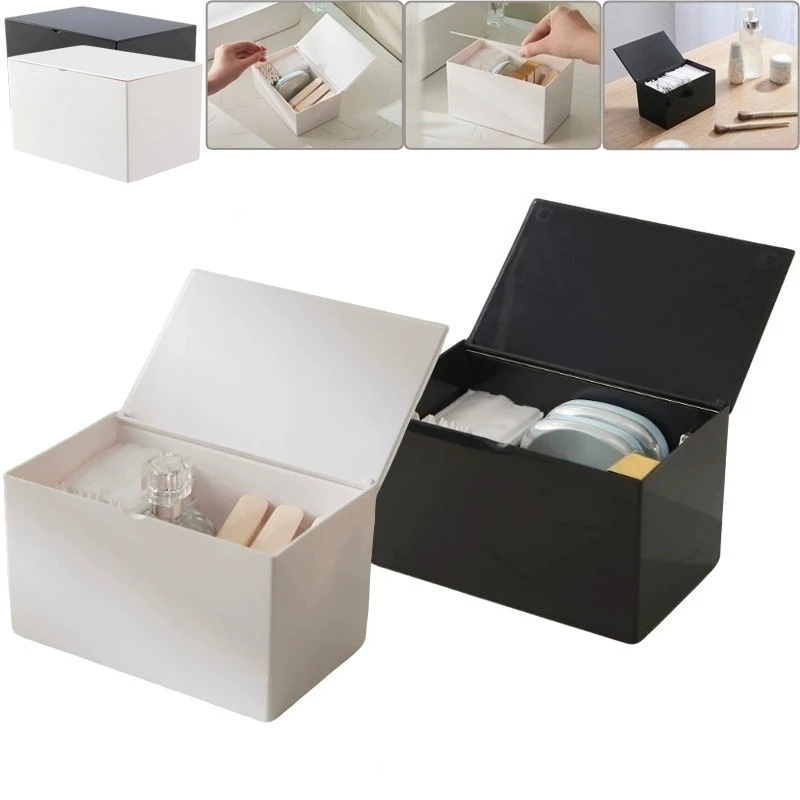

Desktop Flip Storage Box with 2 Compartment Plastic Dust-Proof Makeup Removal Cotton Pens Small Accessories Organizing Box 정리함