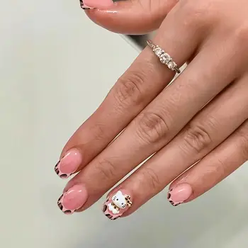 24片/盒 豹紋法式3D Hello Kitty 貼片美甲 短方形美甲 裸粉色假指甲 可愛法式美甲裝飾 8 最佳銷售 Hello Kitty 假指甲 - №4