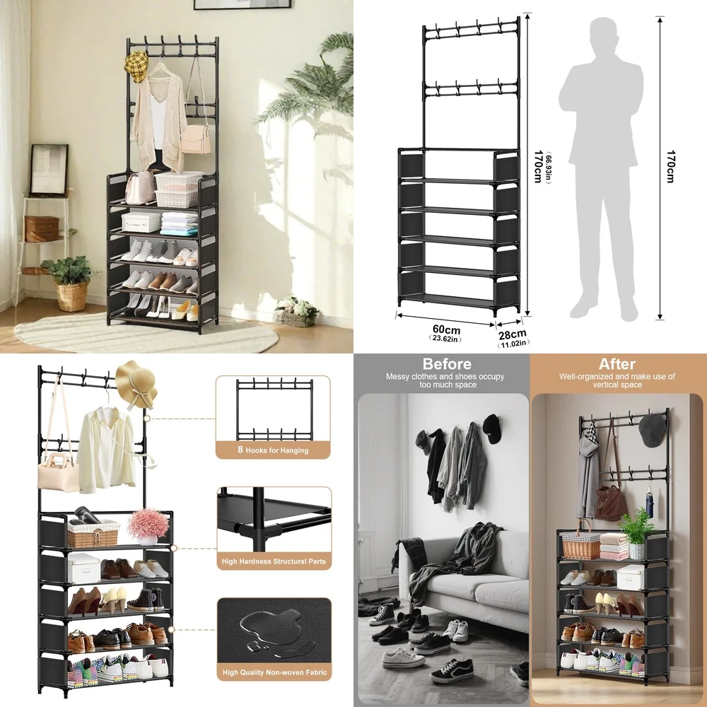 

5-уровневая полка для обуви с крючками для одежды, органайзер для прихожей для прихожей, шкафа, грязевой комнаты, черная многофункциональная мебель для входа