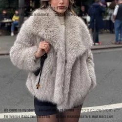 Winter New Fashion Gradient Fluffy Fur Coat Women High Street Luxury Big Fur Collar Faux Fox Fur Jacket Female Overcoats