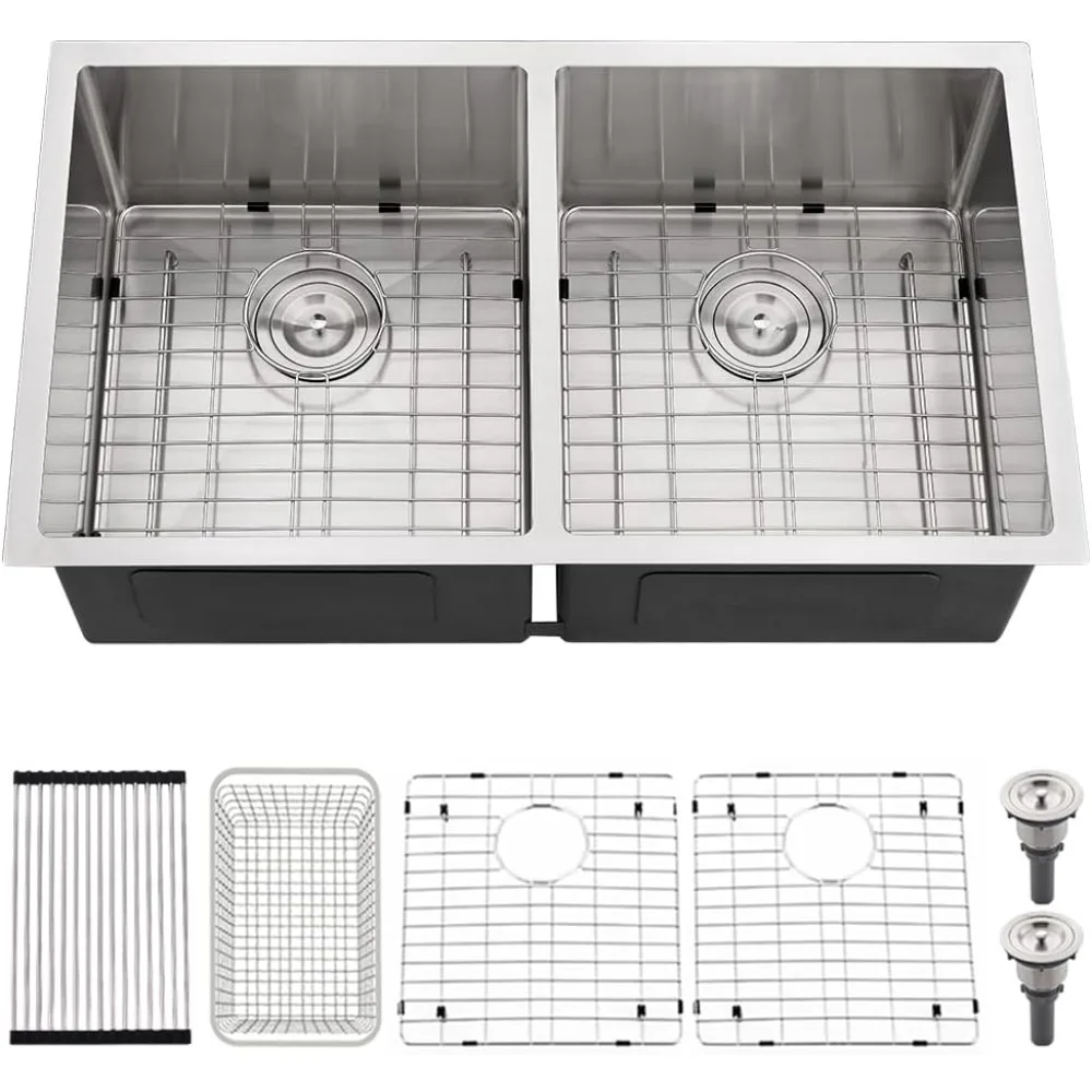 

33 inch undermount kitchen sink double bowl- 33x19 stainless steel kitchen sink undermount 50/50 double bowl sinks with accessor