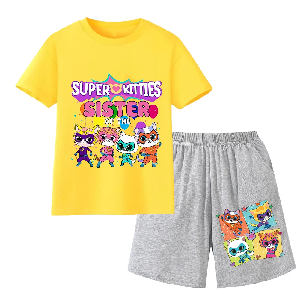Anime Super Cat Costumes Kids Superkitties Clothes Toddler Boys Summer Outfits Baby Grils Short Sleeve Tshirt + Shorts 2pcs Set