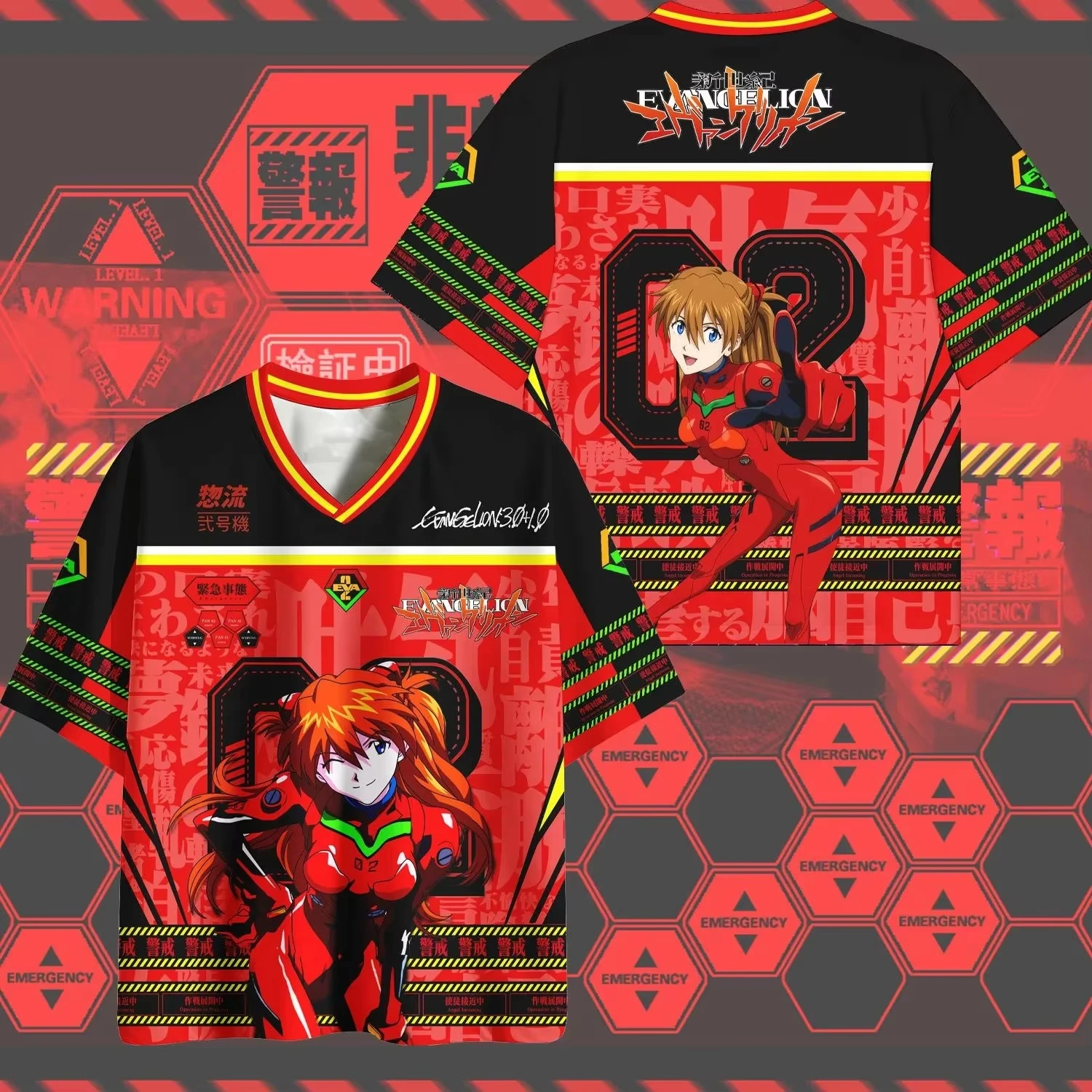 Anime EVA Asuka No.2 Machine Theme V-neck Mesh Shirt for Men and Women Loose Large Mech Style Sports Short Sleeve Top