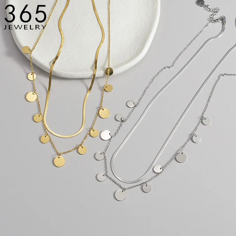 New Round tablet Pendant Blade chain Double -layer Stainless Steel Necklace for Women Gold Plated Fashion Wedding Jewelry