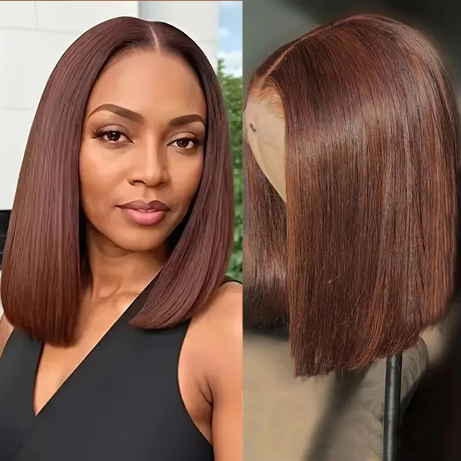 

Chocolate Brown Color Straight Bob Wig 220% Density Human Hair HD Lace Front Wig 13x4 Lace Front Wigs #4 Human Hair Pre Plucked