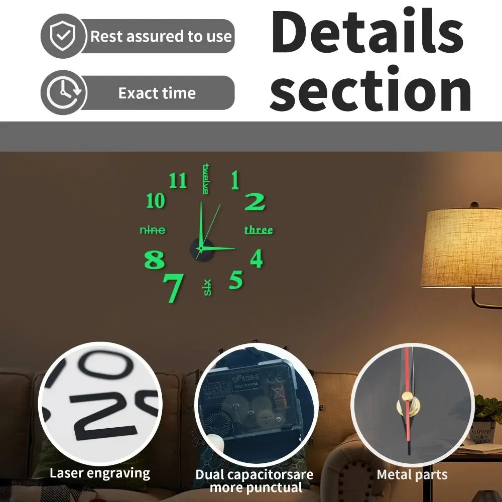 New Frameless Wall Clock DIY Wall Decoration Night light Arrows Decal Wall Mechanism Digital Wall Clock Living Room Office