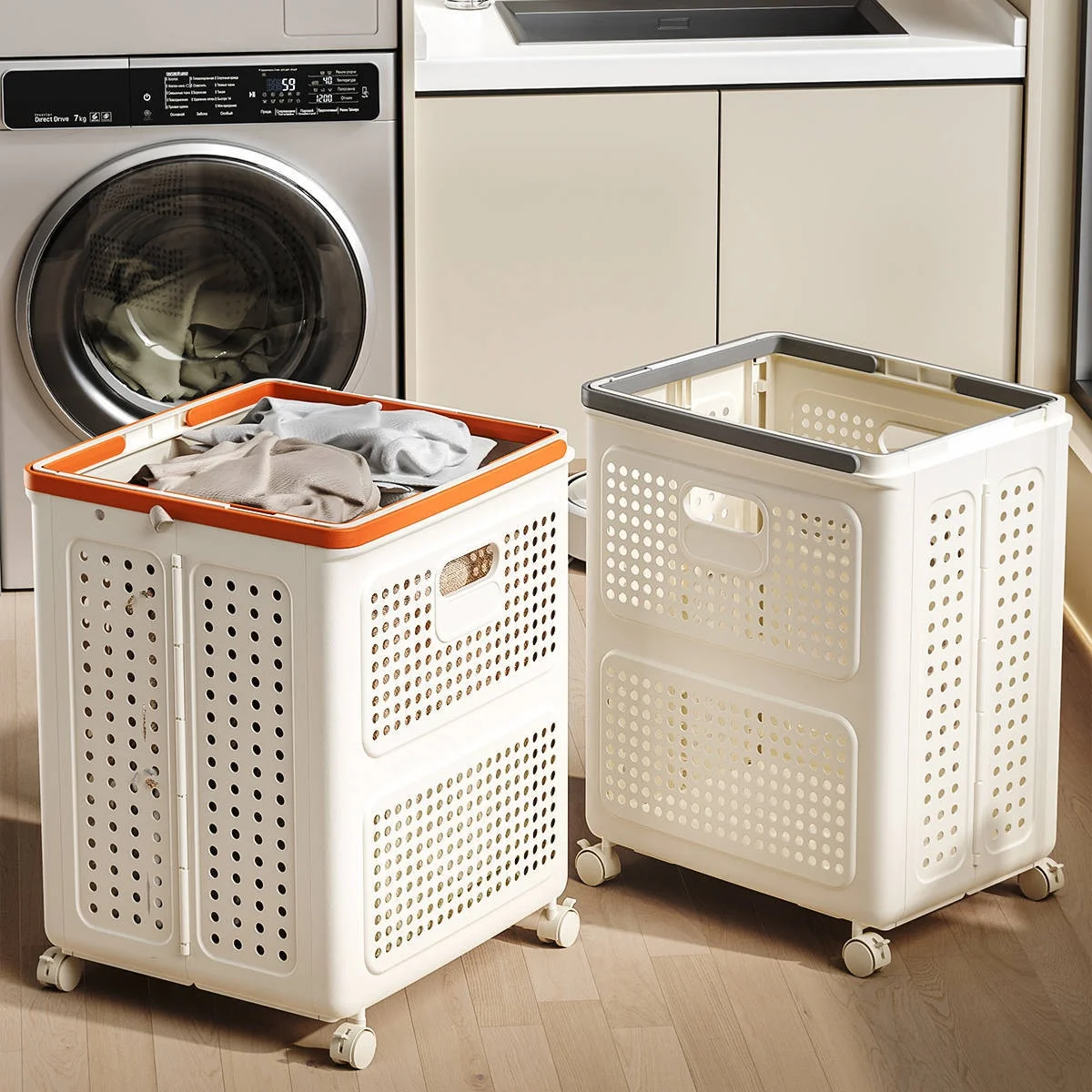 

Foldable Laundry Basket with Wheels & Handles, Collapsible Storage Organizer for Clothes/Toy, for Bathroom, Laundry Room