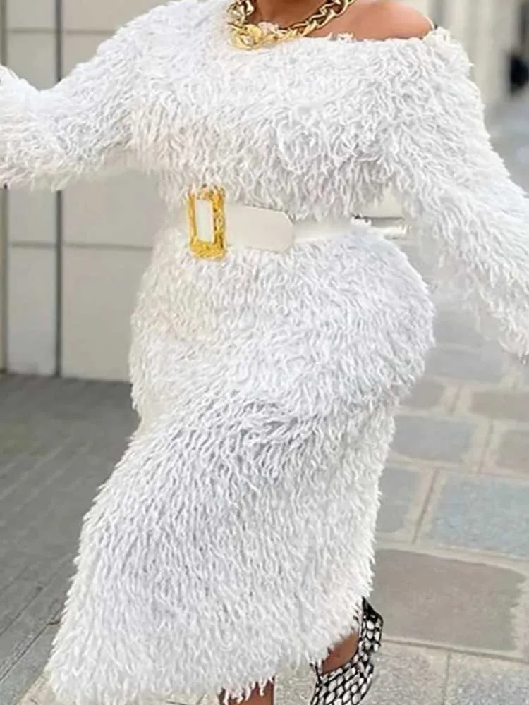 Vestido de noite de inverno feminino manga longa fora do ombro branco vestidos elegantes com cinto chique vestido de pele sintética atacado dropshipping