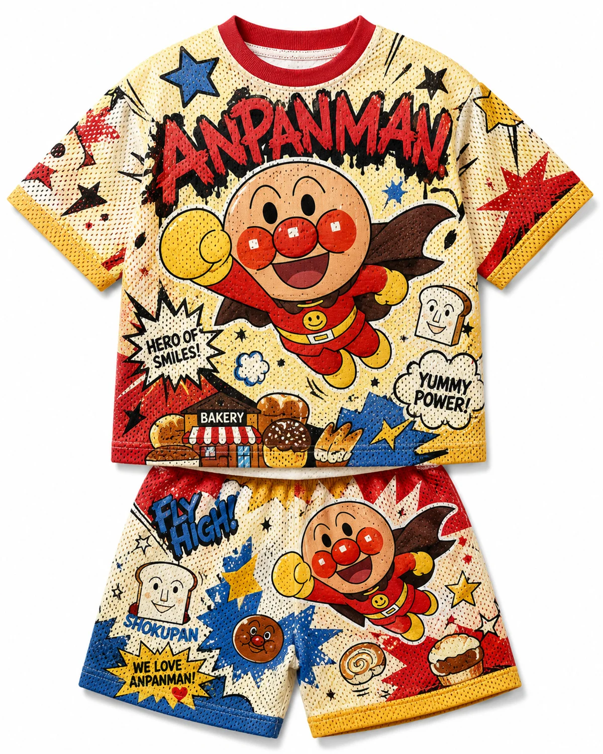 Vintage Graffiti Anpanman Cartoon Mesh Tracksuit Kids Breathable Short Sleeve T Shirt Shorts 2Pcs Summer Casual Outfit