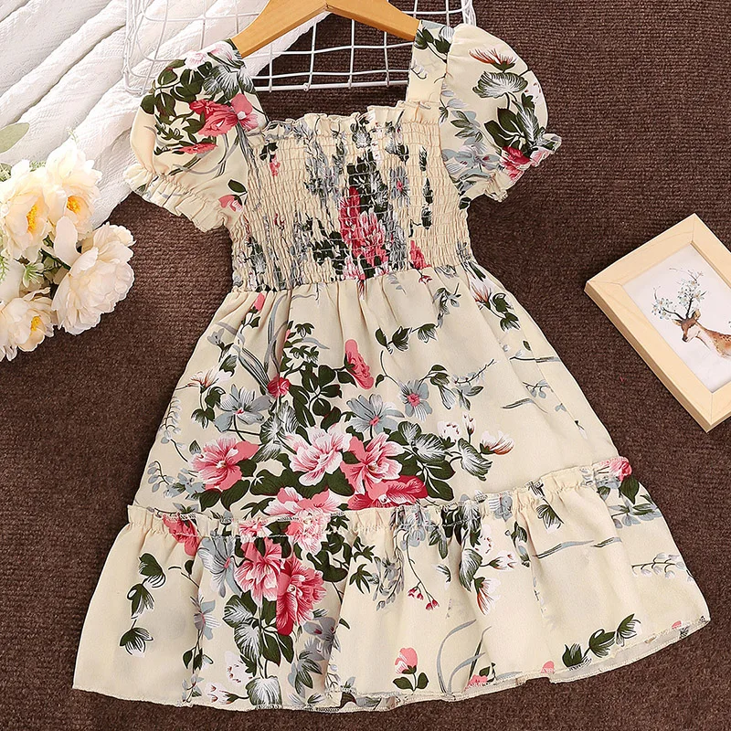 Dress Kids Girls 4-7 Years Beige Flower Print Bubble Short-Sleeved Dress For Little Girls Korean Style Casual Princess Dress