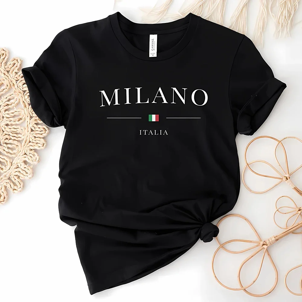 

2024 Women's Summer Milano Letters Print Y2k T-shirt Ladies Short Sleeved Luxury Tees Clothing Loose Pure Cotton Soft Tops Tees