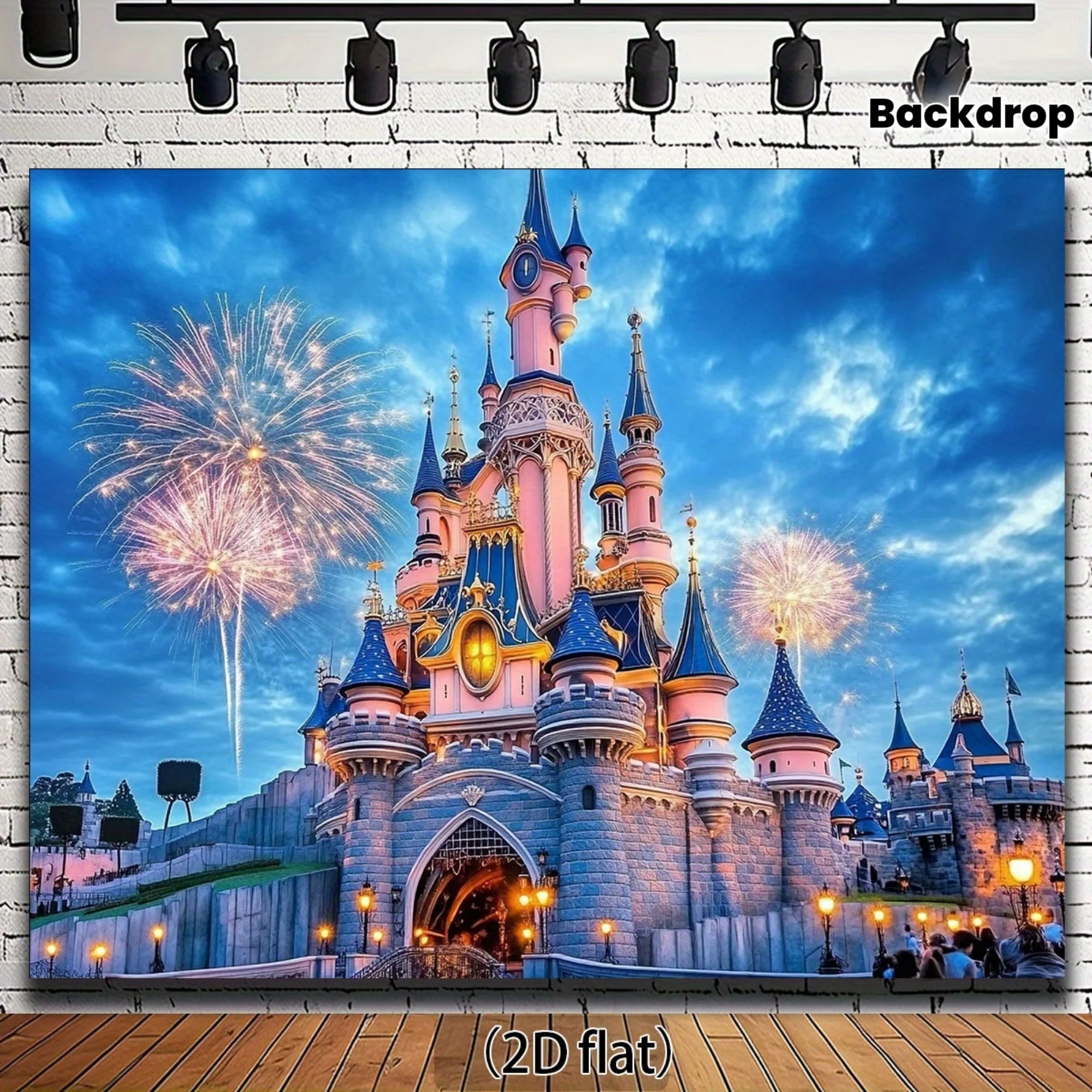 2D plane, castle-themed background fabric - Fireworks, blue sky design