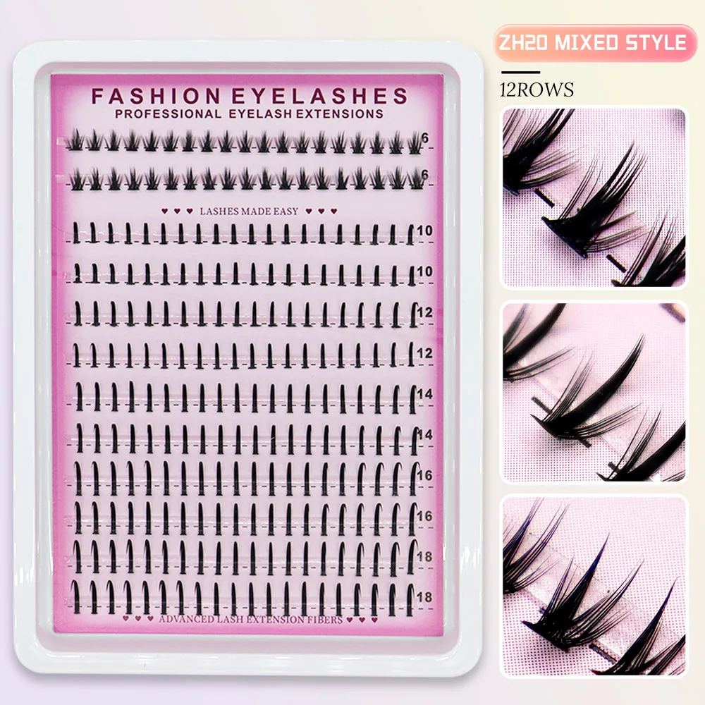 Conjunto de cílios superiores e inferiores de fada mista de 12 fileiras feito à mão - Ferramenta de maquiagem para extensão de cílios estilo fada