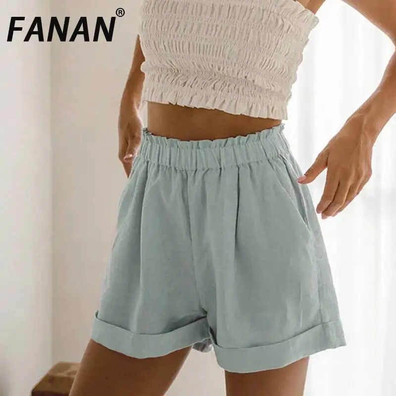 

FANAN Women's Loose 100% Linen Shorts 2026 Summer New Elastic Waist Solid Color Pants Casual Style High Waist Minimalism Clothes