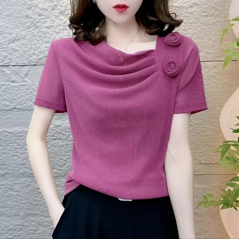 

Fashion Summer T-Shirts Women's O-Neck Solid Gauze Folds Three-dimensional Decoration Casual Loose Short Sleeve Tops ZT288