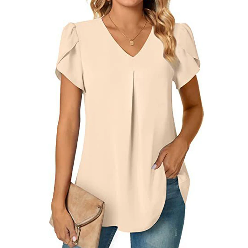 

Elegant Women's Top Blouses Flower 2024 Summer Fashion Simplicity Short Sleeve Solid V-Neck Commuter Office Female Shirt S-XXL