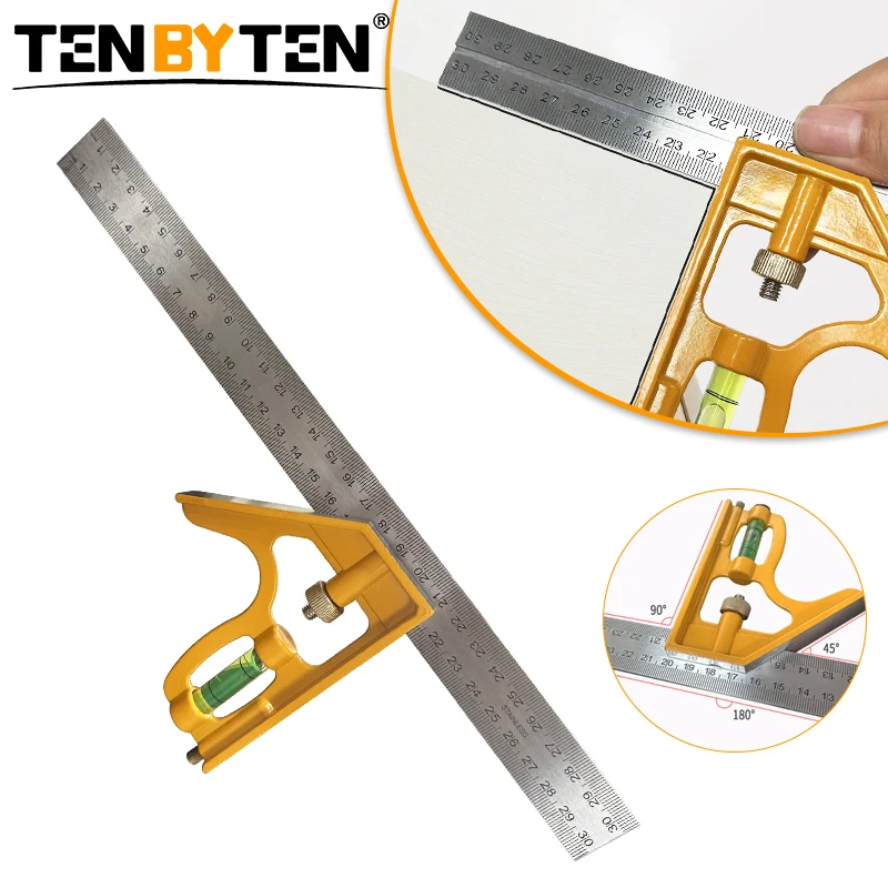 Combination Square Ruler Protractor Adjustable Right 300mm Steel Multifunction Bubble Combined Spirit Level Meter Angle Ruler