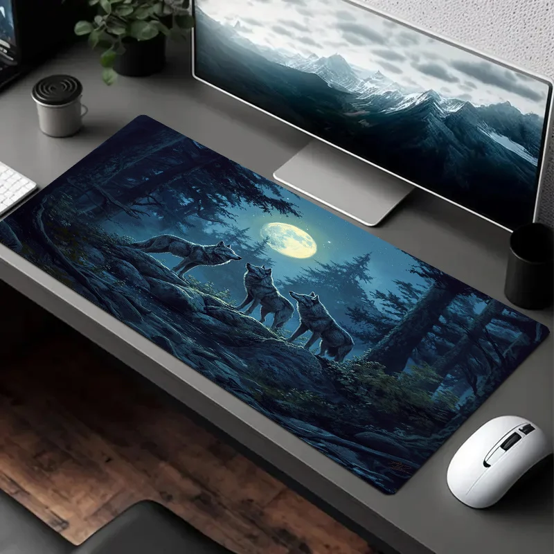 

Коврик для мыши «Три серые вовки» в лунном лесу, большой противоскользящий коврик для мыши, коврик для компьютерной клавиатуры XXL, офисные игровые аксессуары