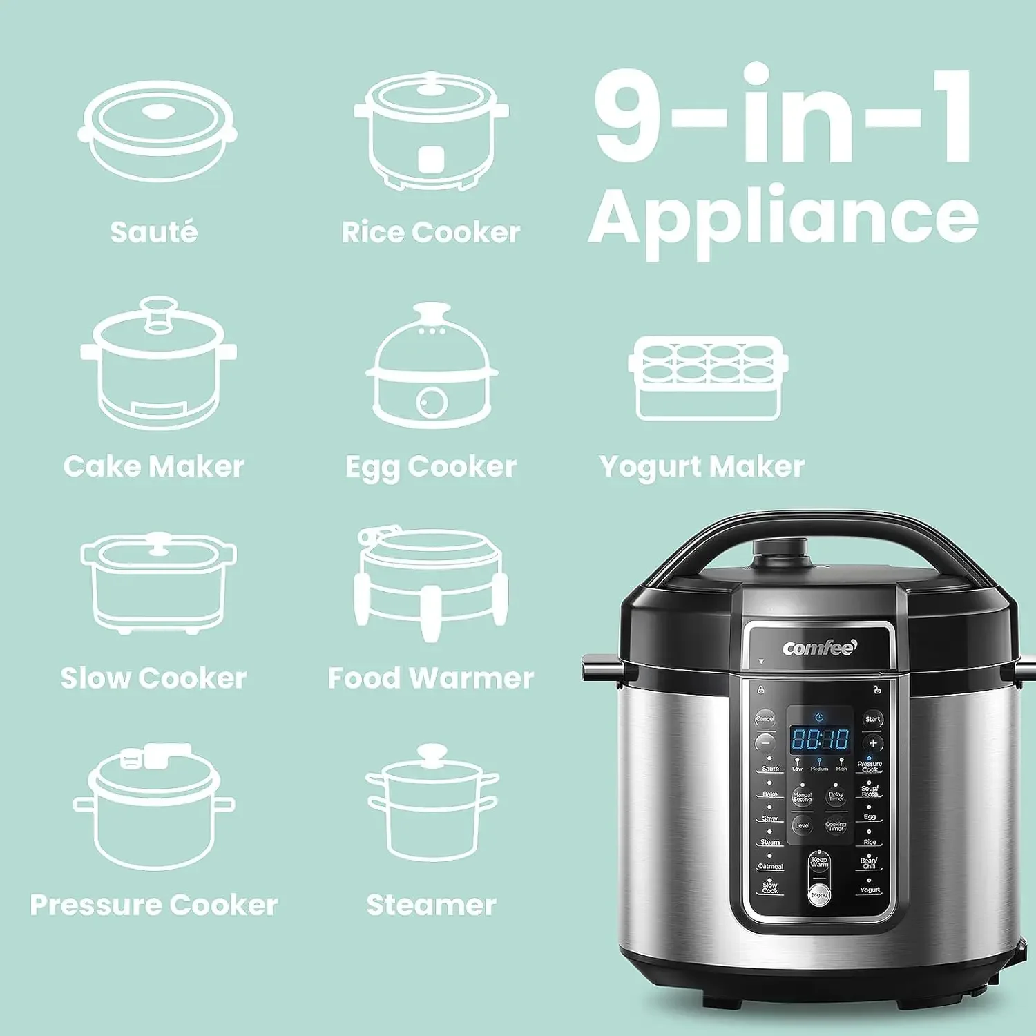 NEW Pressure Cooker 6 Quart with 12 Presets, Multi-Functional Programmable Slow Cooker, Rice Cooker, Steamer, Sauté pan