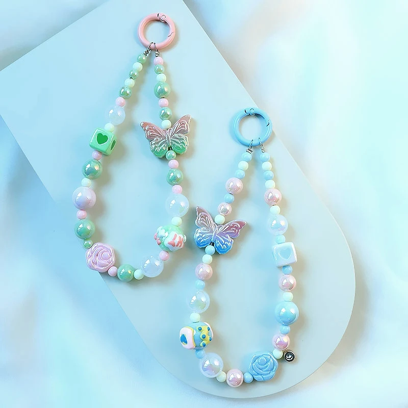 Gradient Butterfly Phone Chain Sweet Color Beads Pendant Charm Sweet Earphone Case Lanyard Wrist Strap Bag Decor Car Key Ring