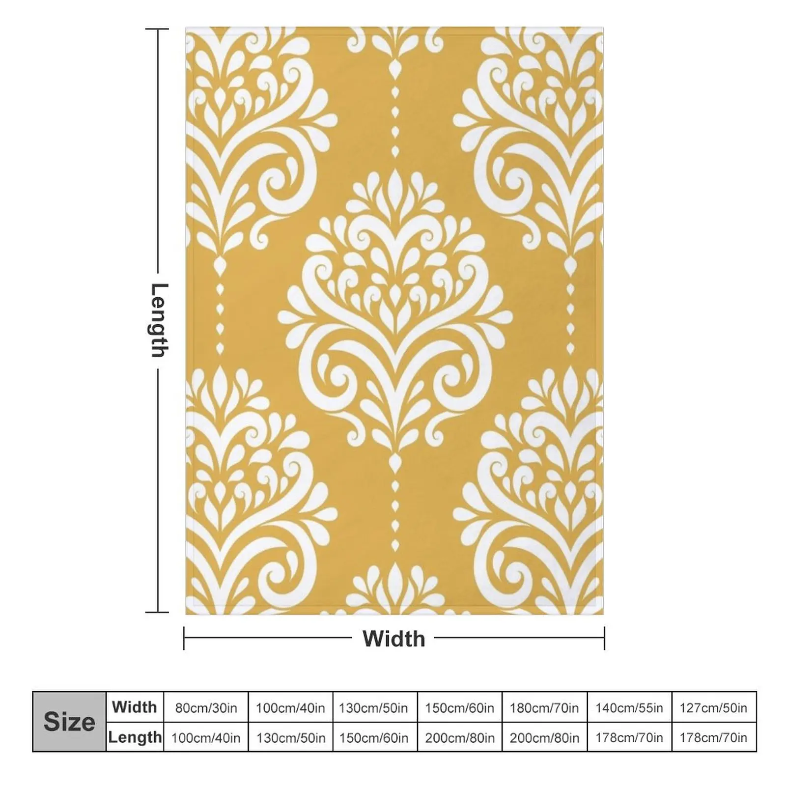 White royal damask on with a beautiful mustard background. Decorative floral pattern. Vintage ornament elements. Throw Blanket