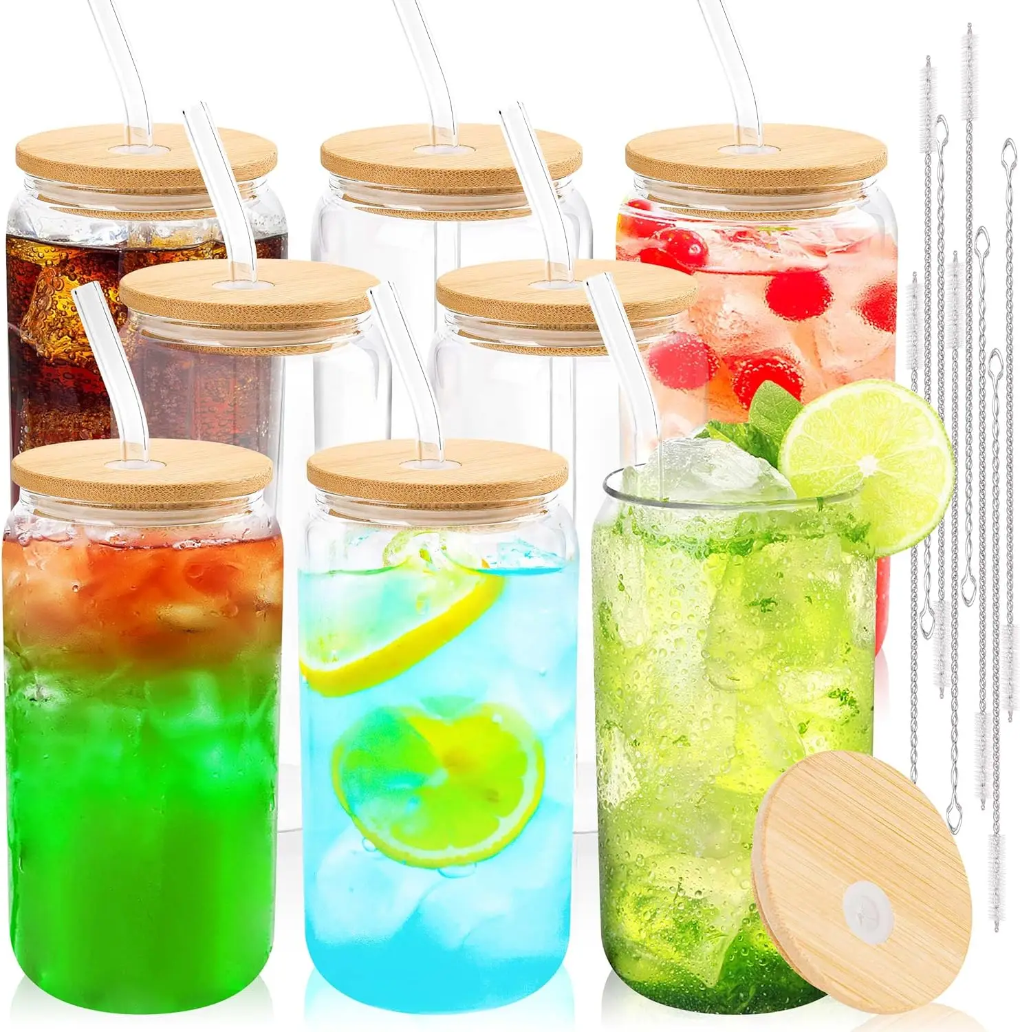 

Reusable Glass Cups with Bamboo Lids and Straws, 8 Set 16 oz for Iced Coffee, Smoothie, Tea Gift