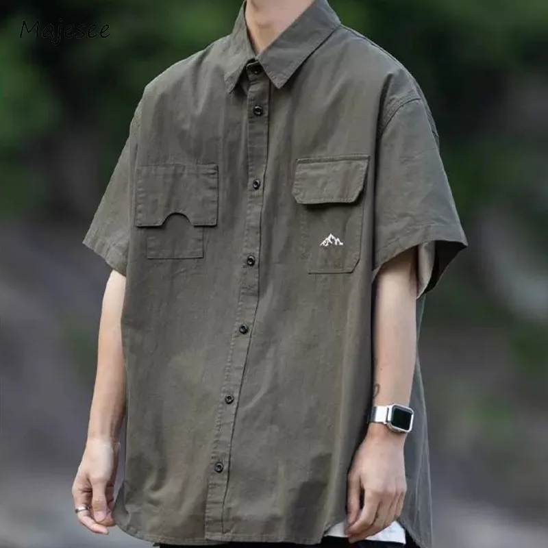 

Shirts Men Summer Pockets Ins Turn-down Collar Fashion Korean Style Single Breasted All-match Simple Solid Students Handsome New