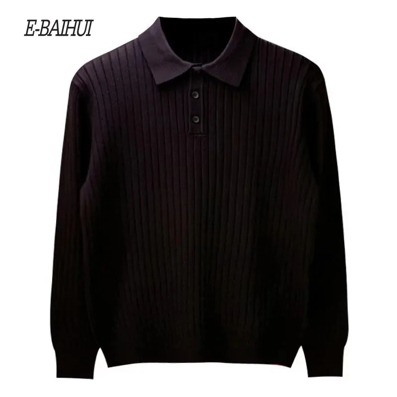 E-BAIHUI Men Slim Fit Sweaters Vintage Stripe Male Knitwear Autumn Turn-down Collar Long Sleeve Solid Straight Sleeve Pullover