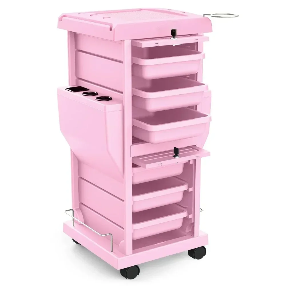 Rolling Cart for Salon Stations - Space Saving, Lockable 6 Tray Salon Trolley with 2 Tray Holders - Hair Beauty Cart Upgrade