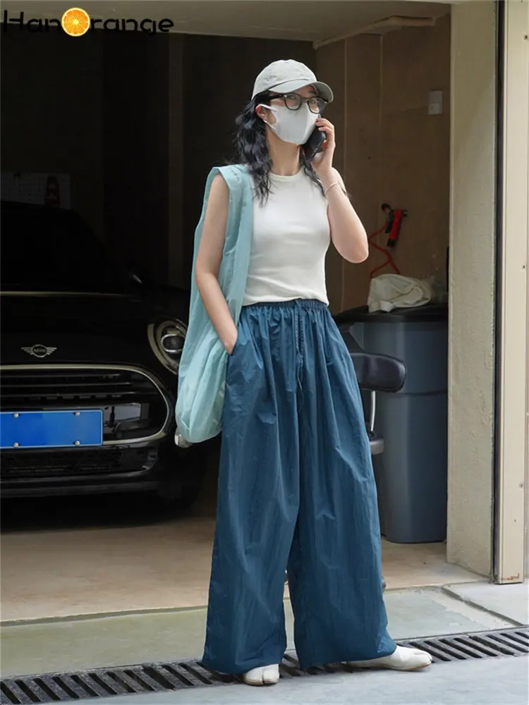 HanOrange 2024 Summer Glossy Texture Wide Leg Pants Women Elastic High Waist Sunscreen Thin Trousers Dark Green/Grayish Blue